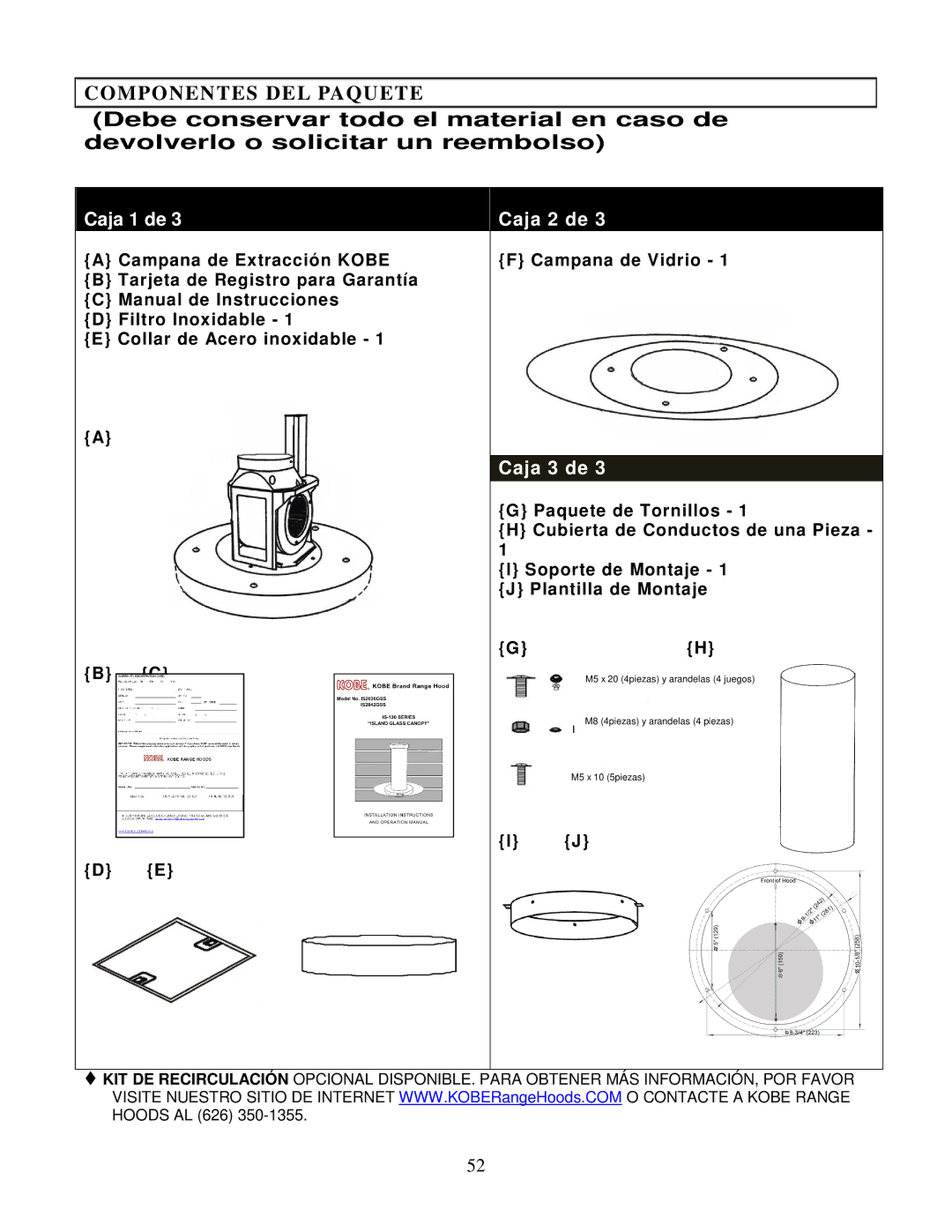 Kobe Range Hoods IS2042GS, IS2036GS manual Componentes DEL Paquete, Paquete de Tornillos, Cubierta de Conductos de una Pieza 