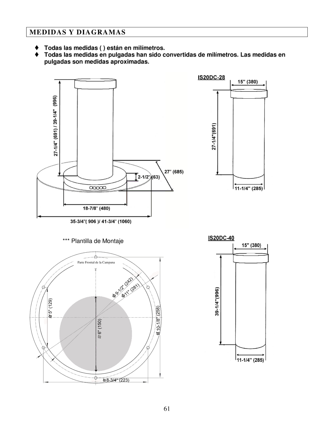 Kobe Range Hoods IS2036GS, IS2042GS manual Medidas Y Diagramas 