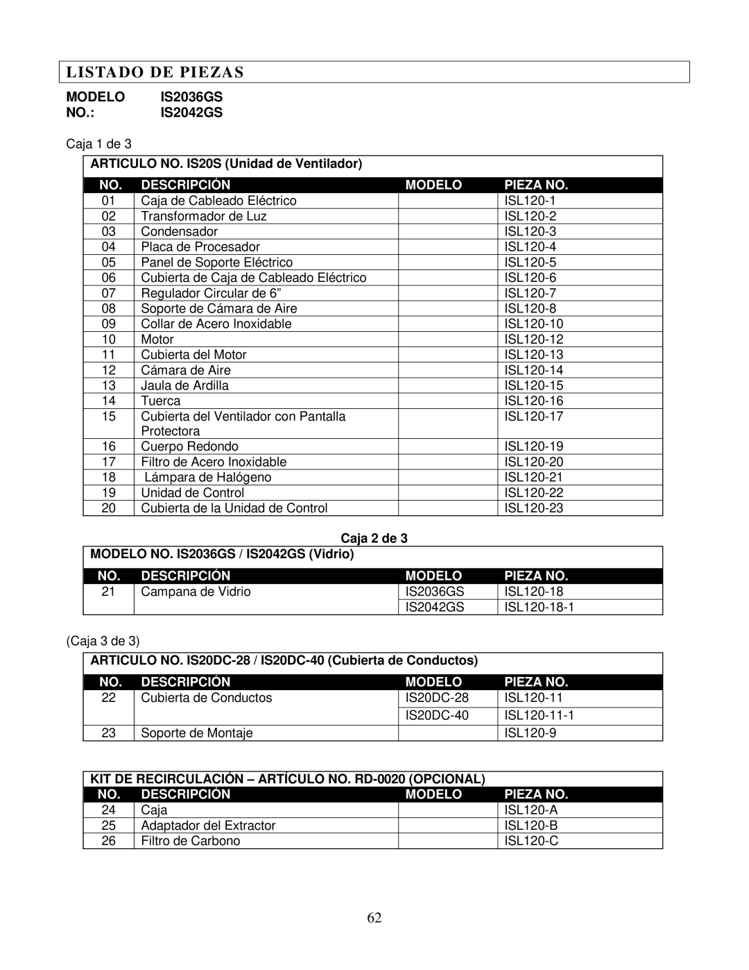 Kobe Range Hoods manual Listado DE Piezas, Modelo IS2036GS, NO.IS2042GS 