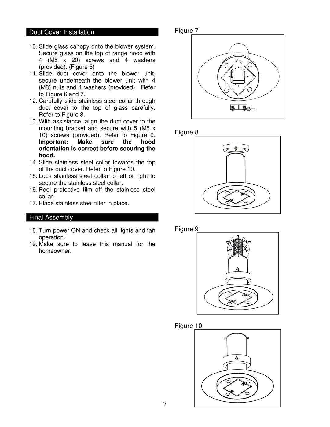 Kobe Range Hoods IS2036GS, IS2042GS manual Duct Cover Installation, Final Assembly 