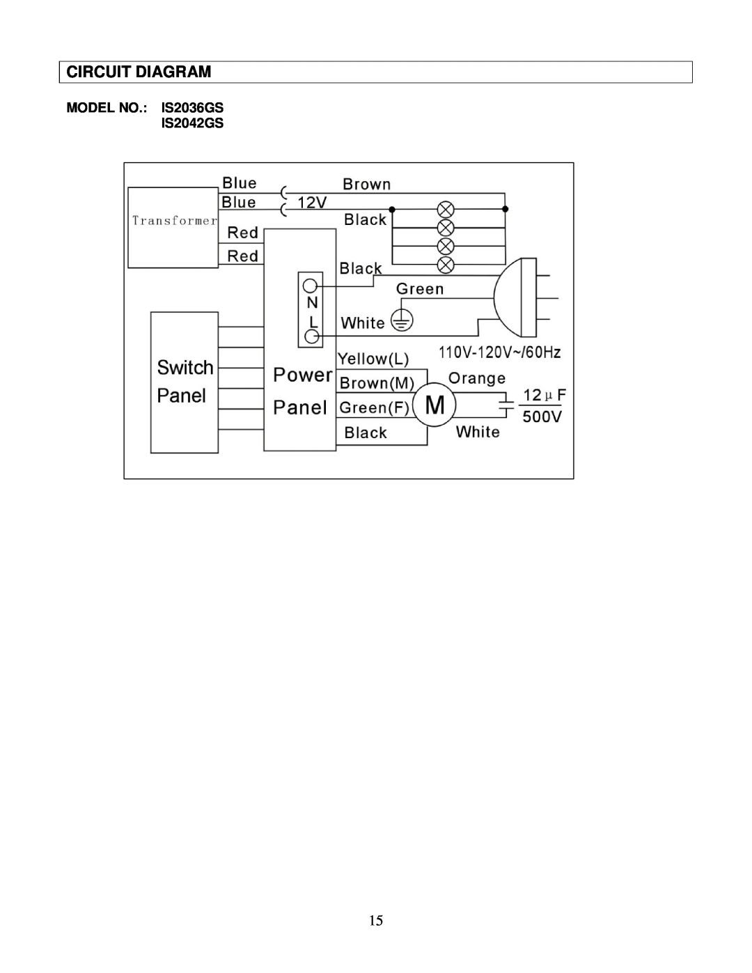 Kobe Range Hoods manual Circuit Diagram, MODEL NO. IS2036GS IS2042GS 