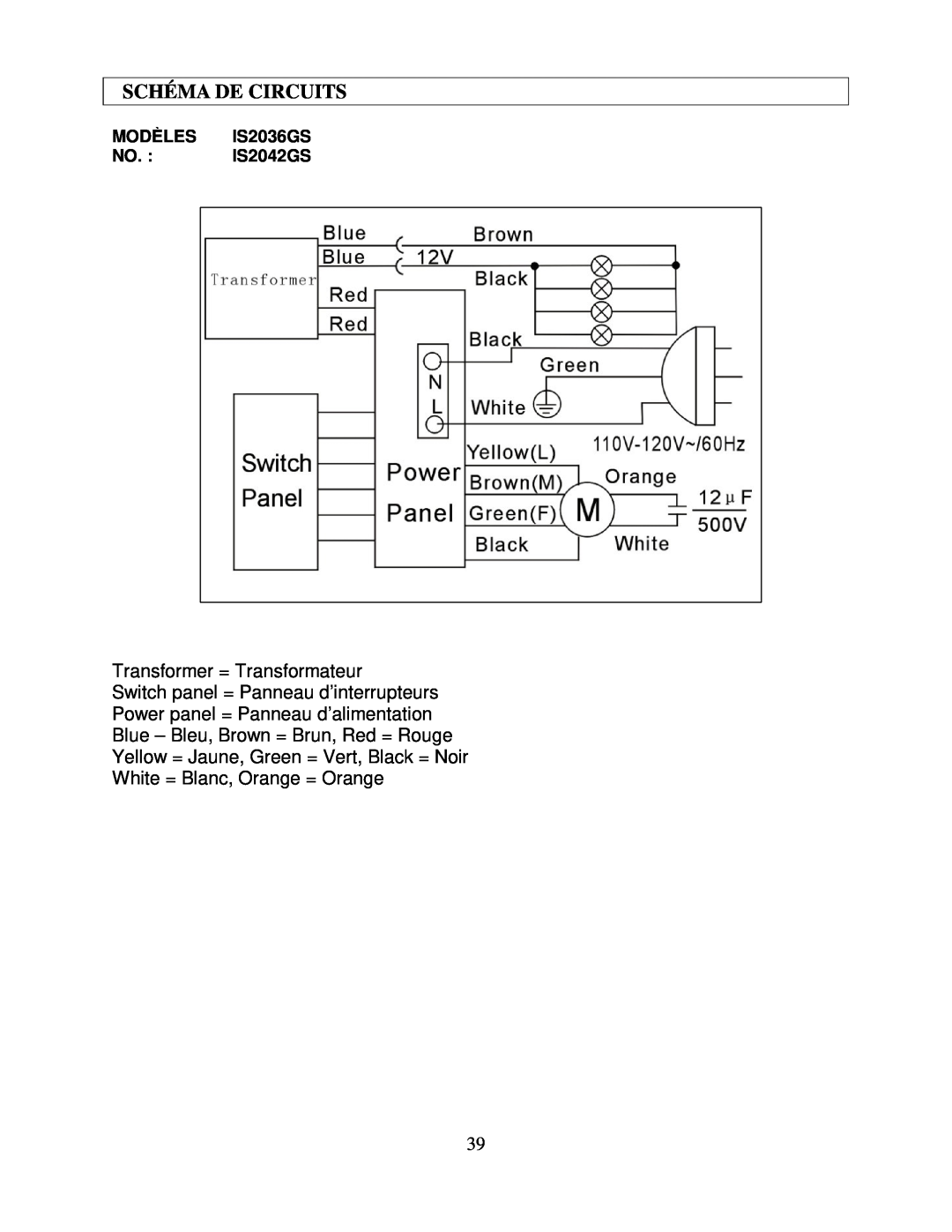 Kobe Range Hoods manual Schéma De Circuits, Transformer = Transformateur, MODÈLES IS2036GS NO. IS2042GS 
