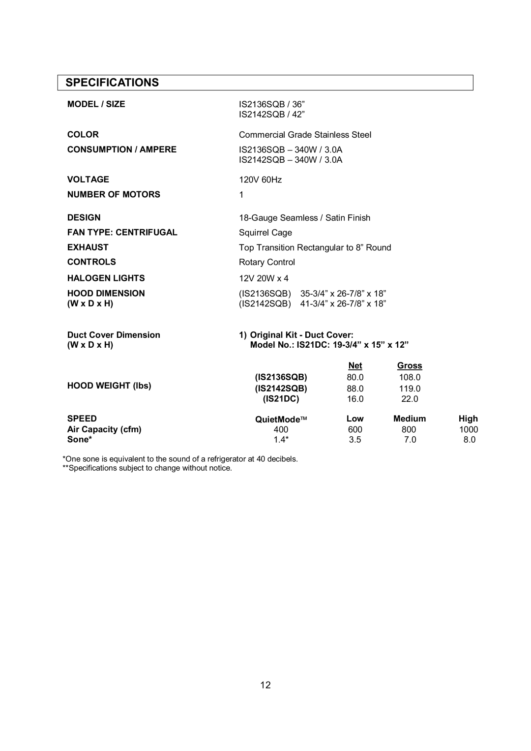 Kobe Range Hoods IS2142SQB, IS2136SQB installation instructions Specifications, Speed 