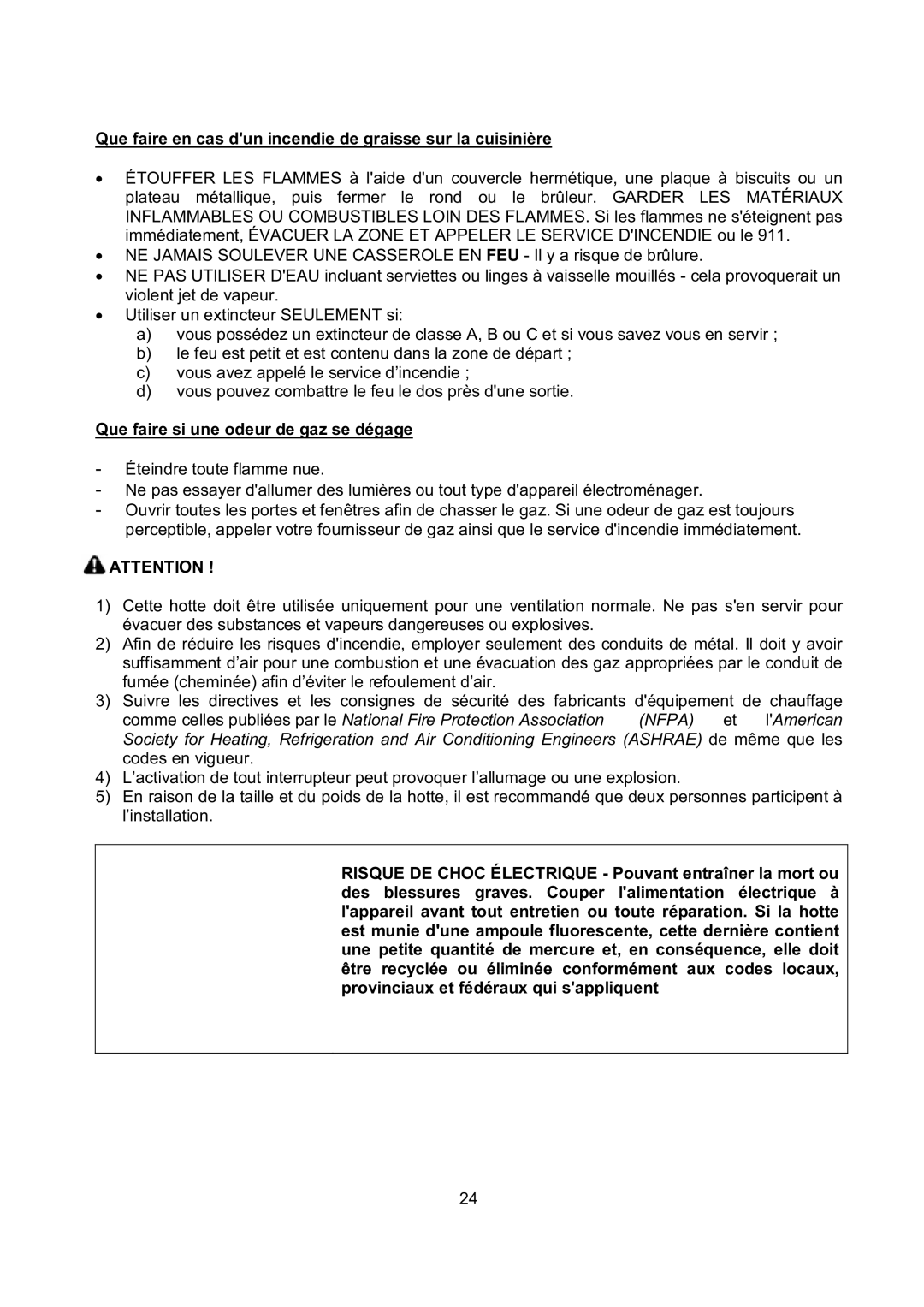 Kobe Range Hoods IS2142SQB, IS2136SQB installation instructions Que faire en cas dun incendie de graisse sur la cuisinière 