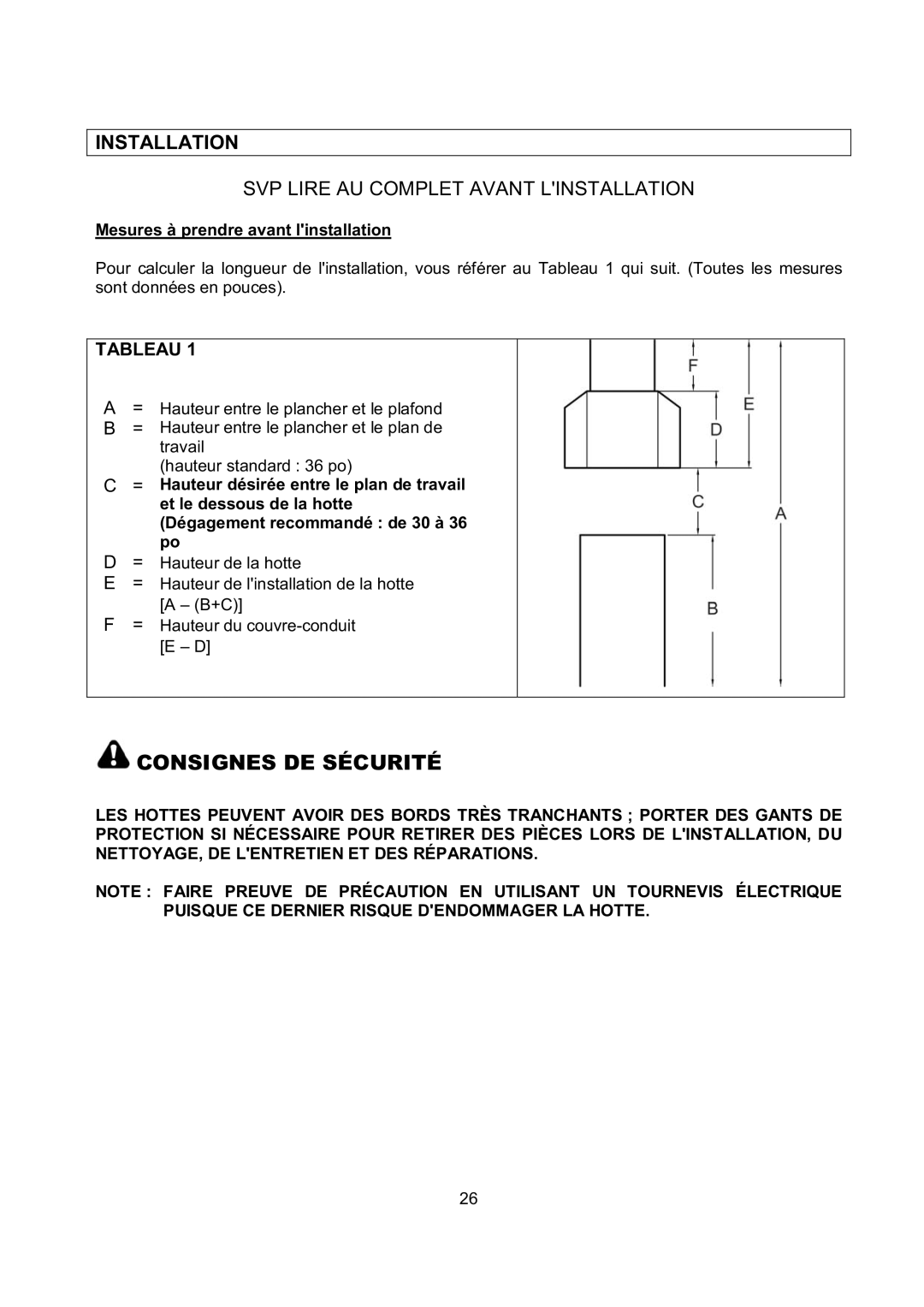 Kobe Range Hoods IS2142SQB, IS2136SQB SVP Lire AU Complet Avant Linstallation, Mesures à prendre avant linstallation 