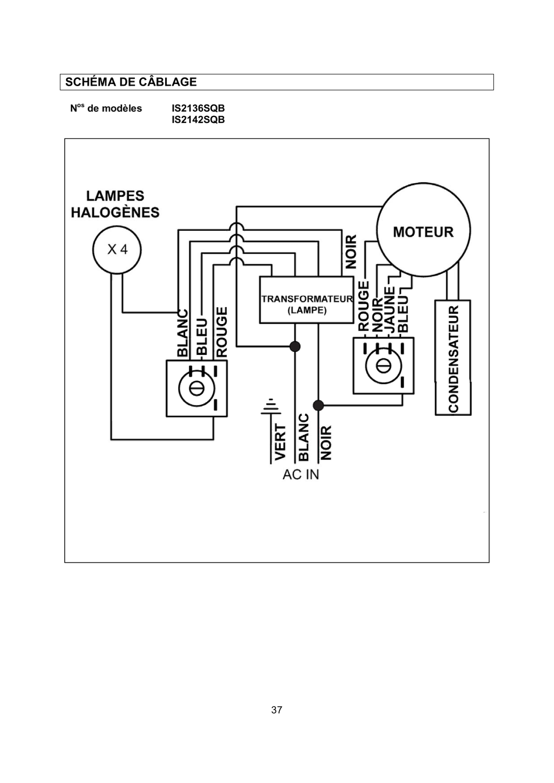 Kobe Range Hoods IS2136SQB, IS2142SQB installation instructions Schéma DE Câblage 