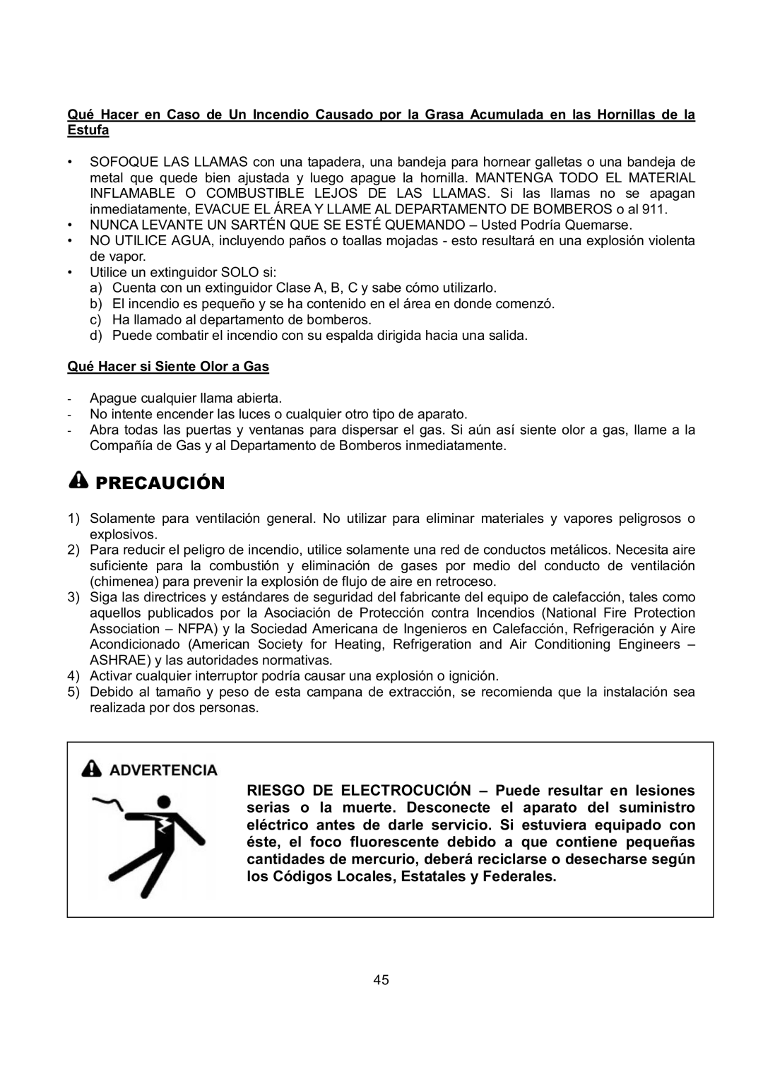 Kobe Range Hoods IS2136SQB, IS2142SQB installation instructions Precaución, Qué Hacer si Siente Olor a Gas 