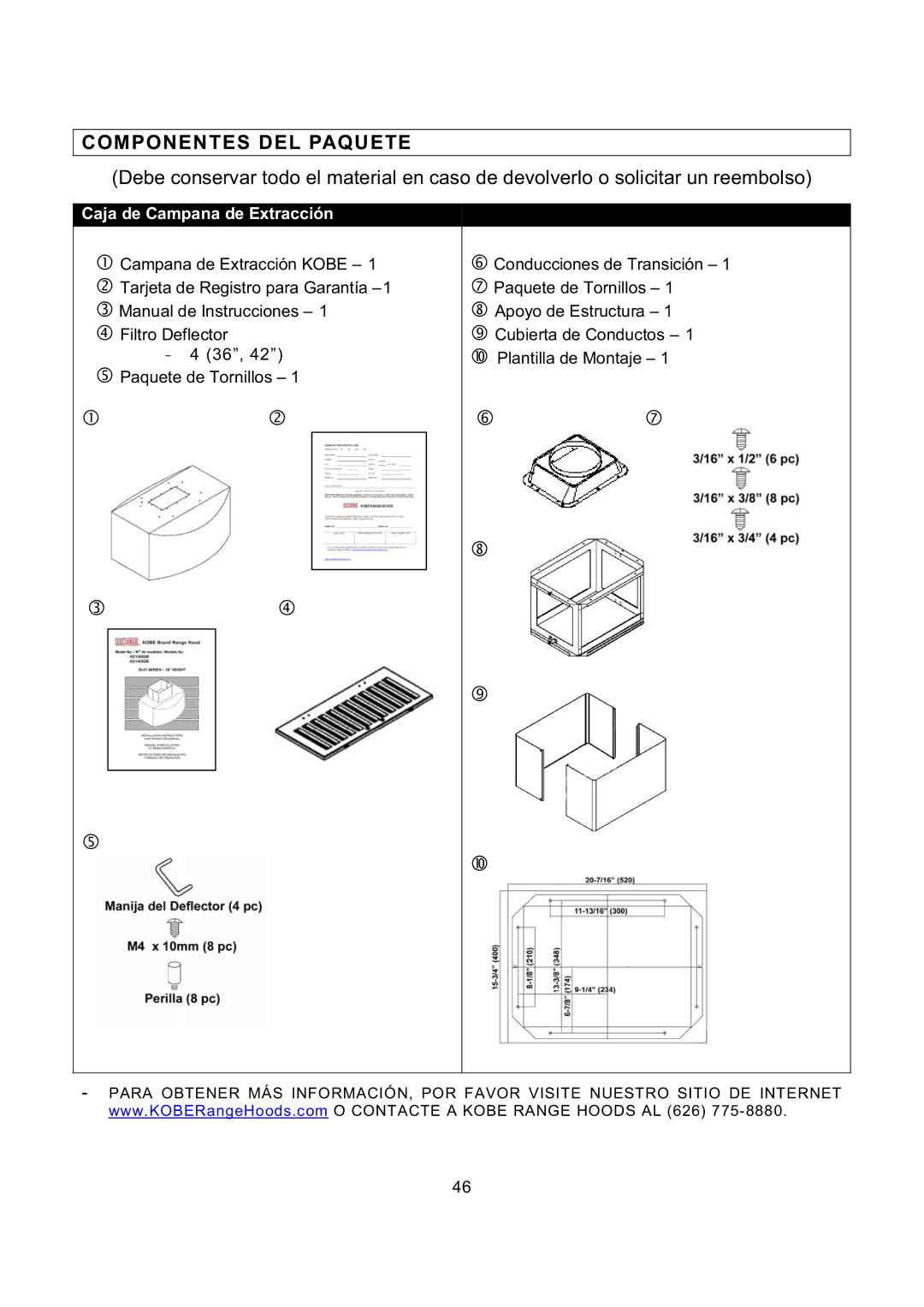 Kobe Range Hoods IS2142SQB, IS2136SQB installation instructions Componentes DEL Paquete, Caja de Campana de Extracción 