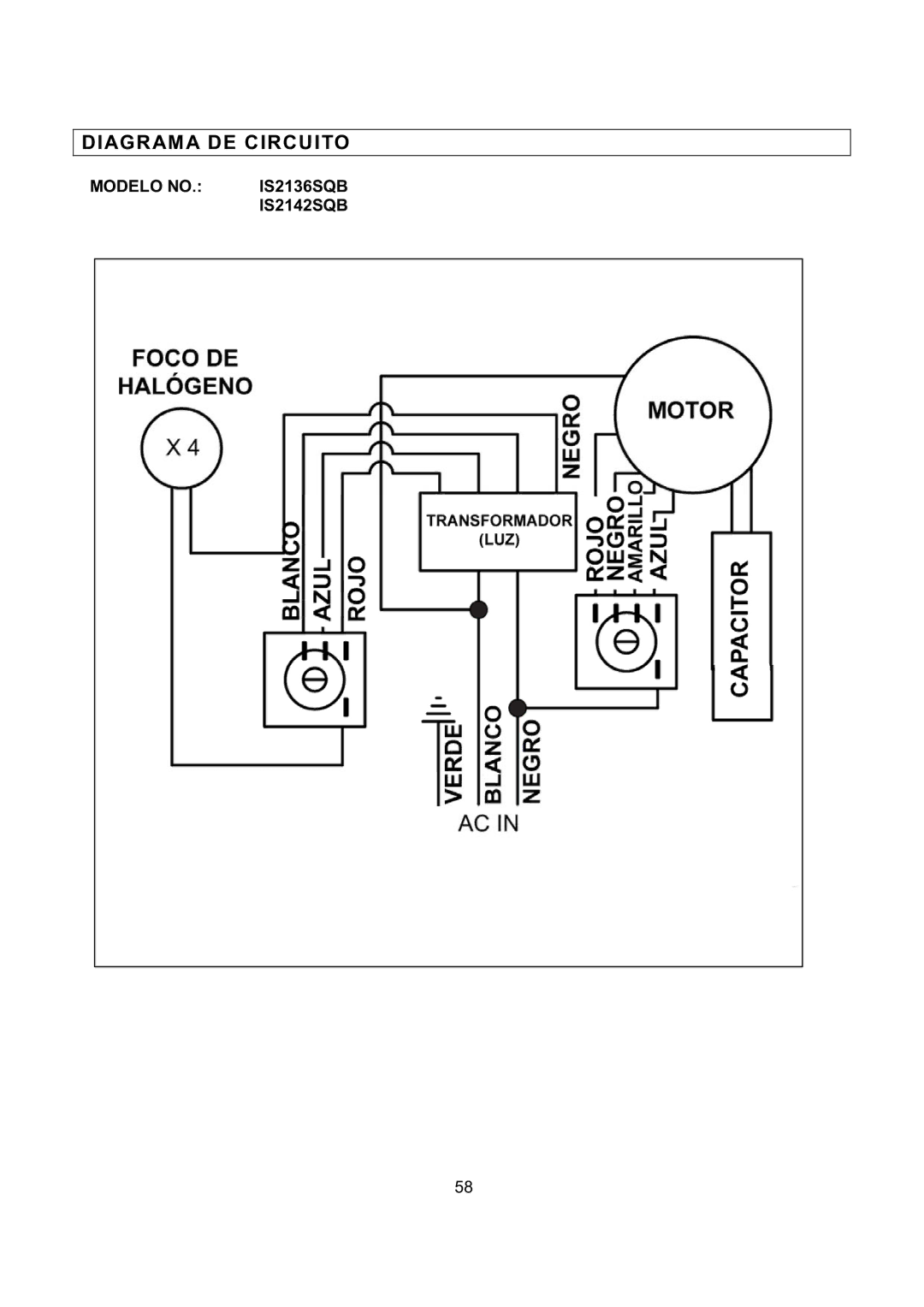 Kobe Range Hoods IS2142SQB, IS2136SQB installation instructions Diagrama DE Circuito 