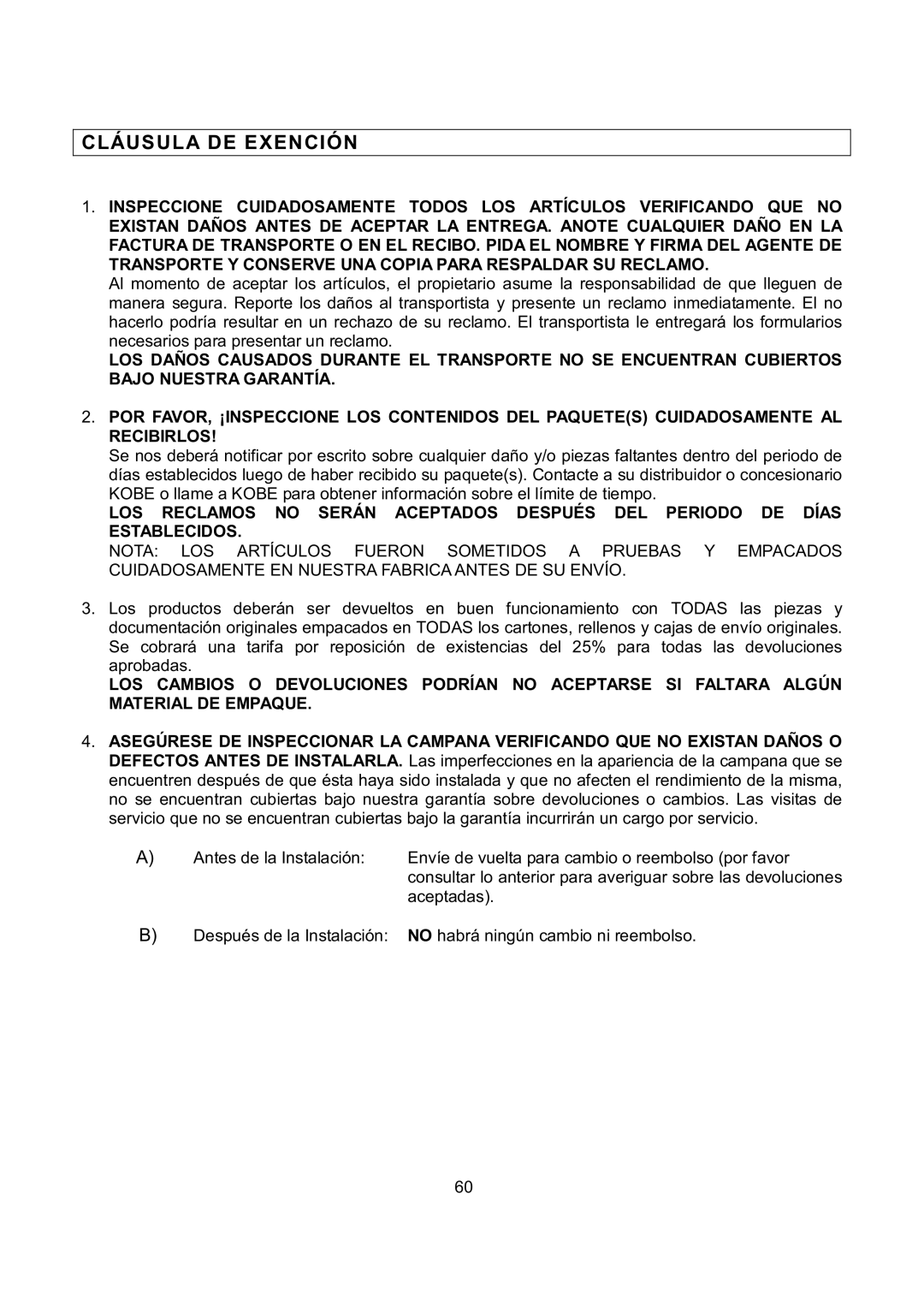 Kobe Range Hoods IS2142SQB, IS2136SQB installation instructions Cláusula DE Exención 