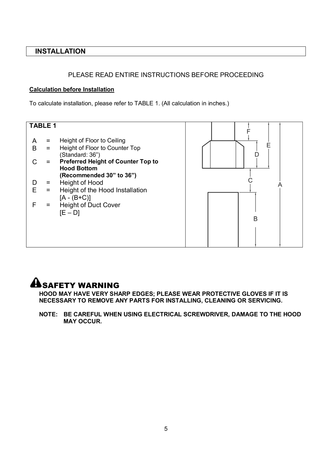 Kobe Range Hoods IS2136SQB, IS2142SQB installation instructions Calculation before Installation 