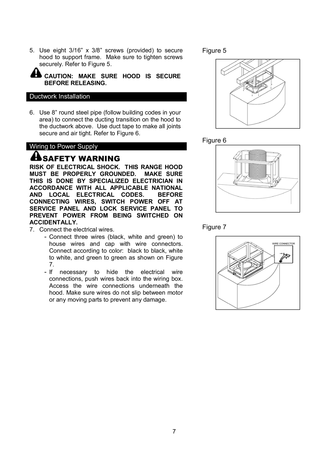 Kobe Range Hoods IS2136SQB, IS2142SQB installation instructions Wiring to Power Supply 