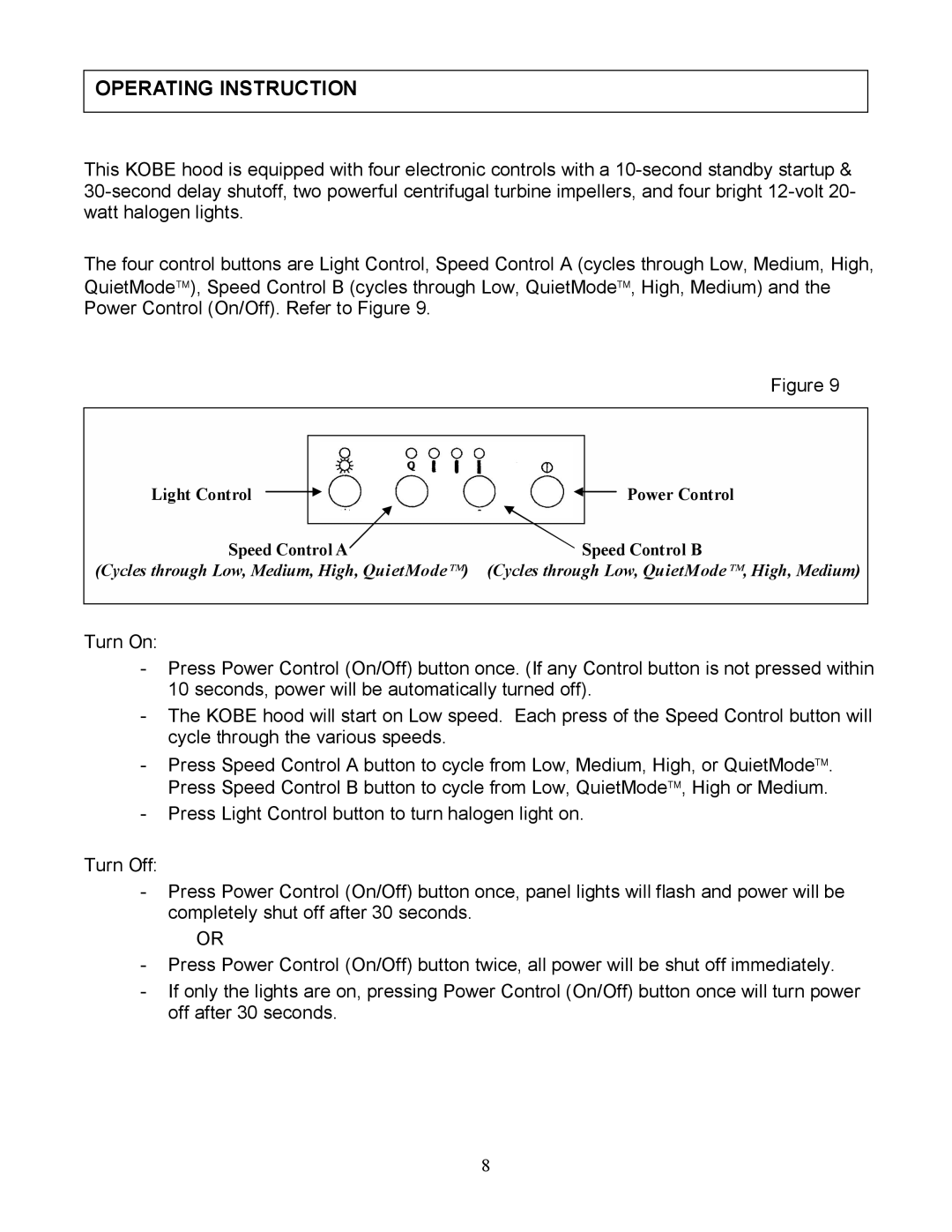 Kobe Range Hoods IS2336SQ, IS2342SQ installation instructions Operating Instruction 