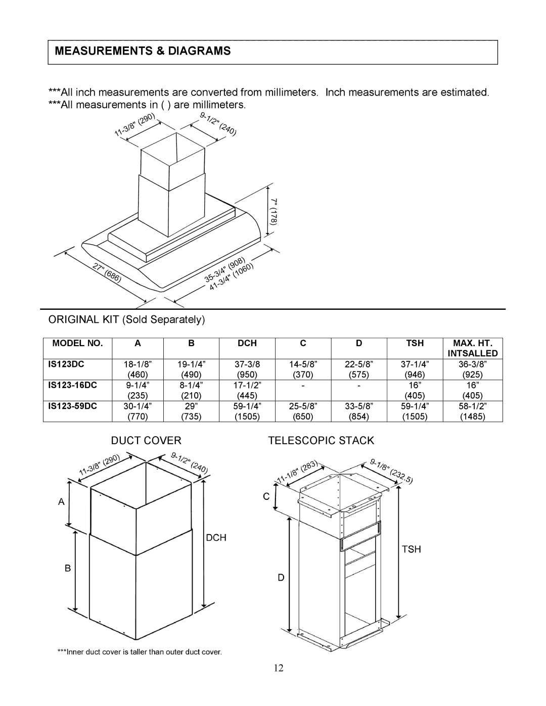 Kobe Range Hoods IS2336SQ, IS2342SQ Measurements & Diagrams, Model no DCH TSH MAX. HT Intsalled IS123DC 