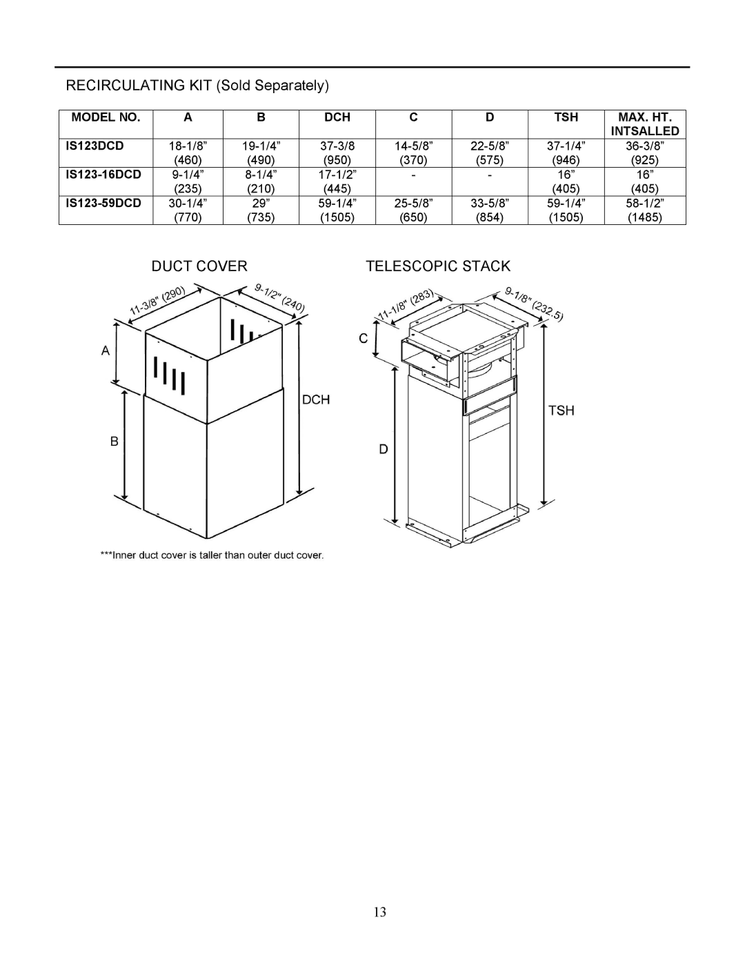 Kobe Range Hoods IS2342SQ, IS2336SQ installation instructions Model no DCH TSH MAX. HT Intsalled IS123DCD 