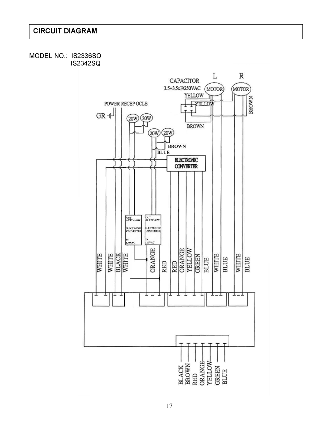 Kobe Range Hoods IS2342SQ, IS2336SQ installation instructions Circuit Diagram 