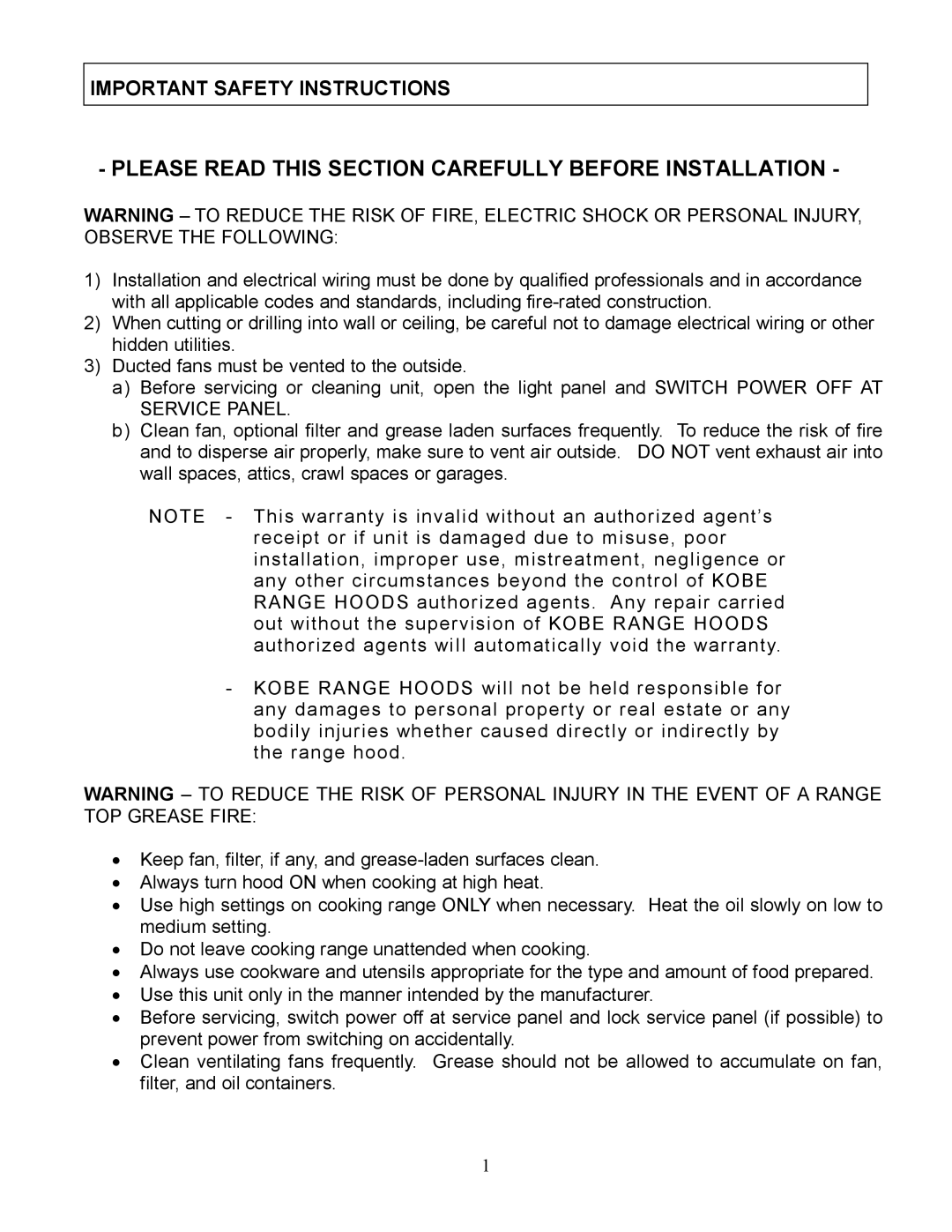 Kobe Range Hoods IS2342SQ, IS2336SQ Please Read this Section Carefully Before Installation, Important Safety Instructions 