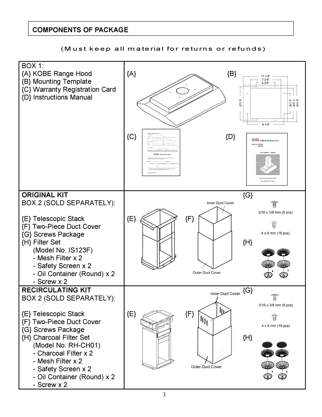 Kobe Range Hoods IS2342SQ, IS2336SQ installation instructions Components of Package, Original KIT BOX 2 Sold Separately 