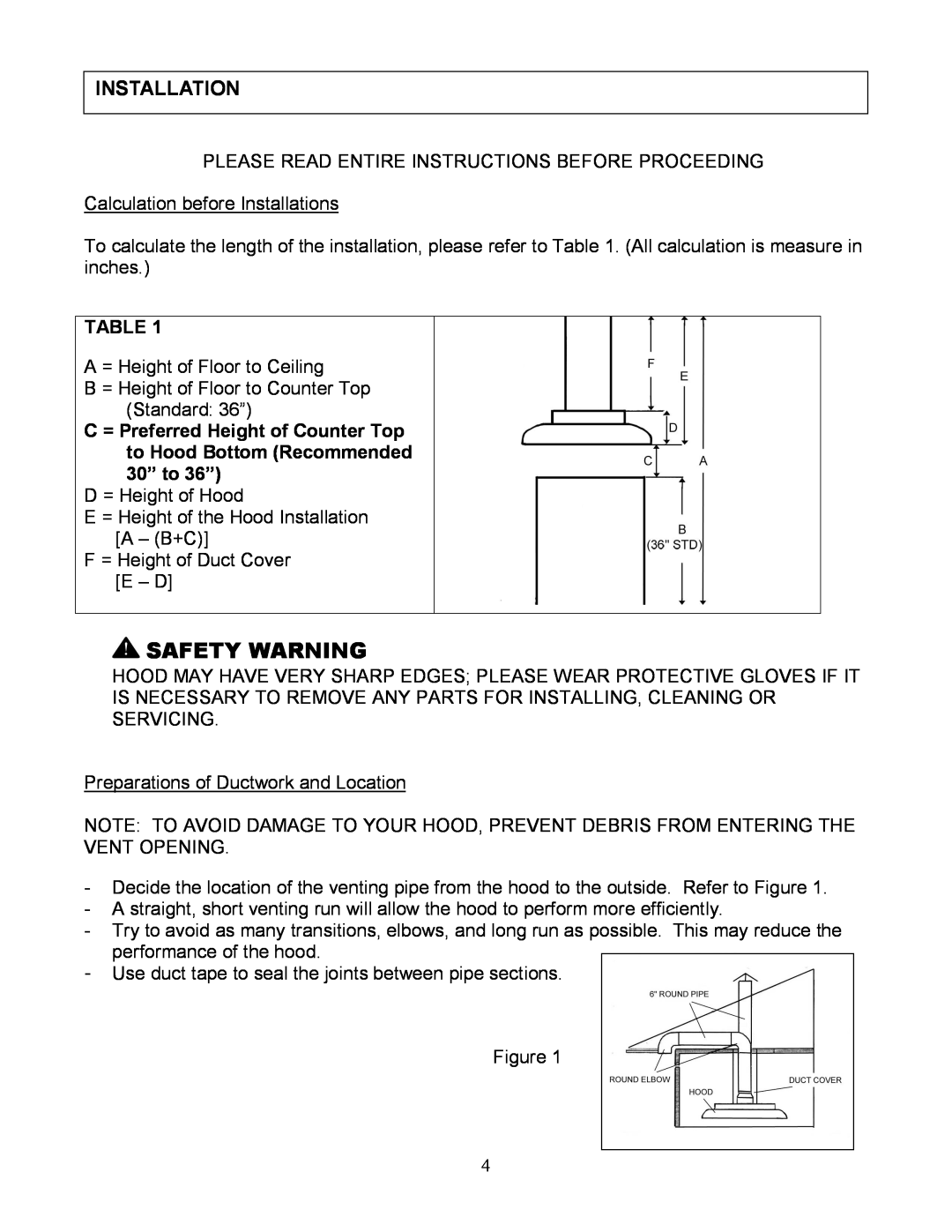 Kobe Range Hoods IS2336SQ, IS2342SQ installation instructions Safety Warning, Installation 