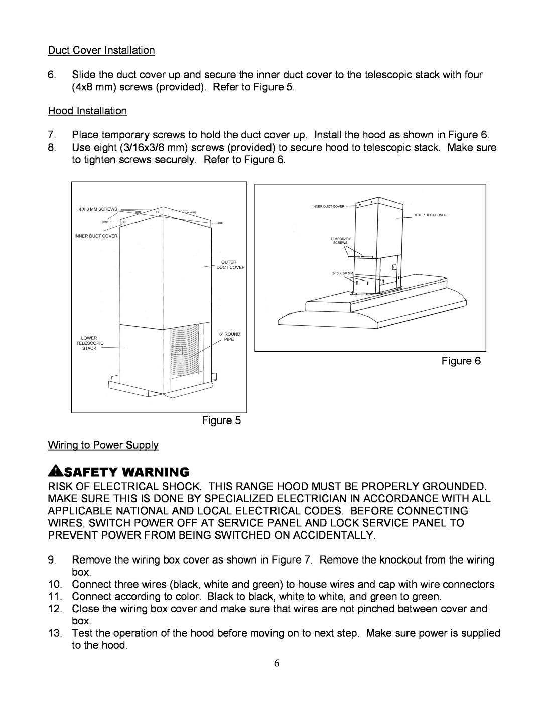 Kobe Range Hoods IS2336SQ, IS2342SQ installation instructions Safety Warning, Duct Cover Installation 