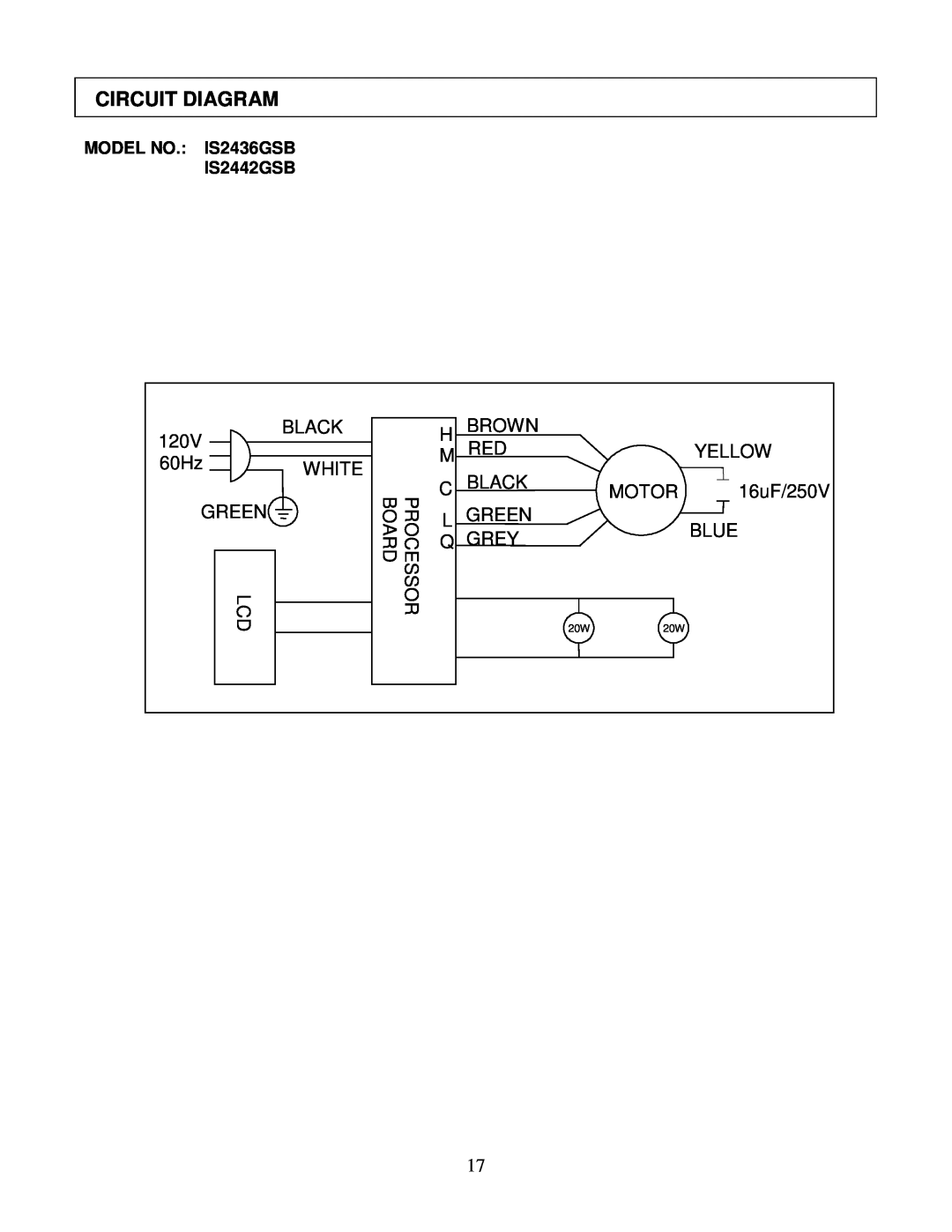 Kobe Range Hoods IS2436GSB, IS2442GSB installation instructions Circuit Diagram 