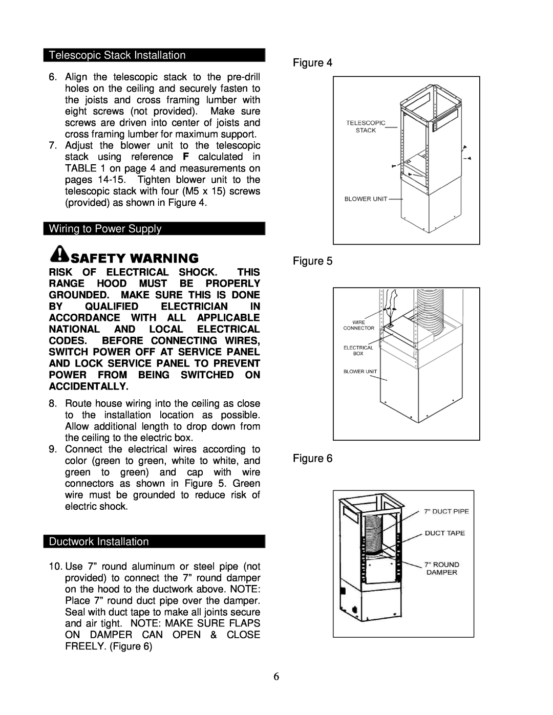 Kobe Range Hoods IS2442GSB Telescopic Stack Installation, Wiring to Power Supply, Ductwork Installation, Safety Warning 