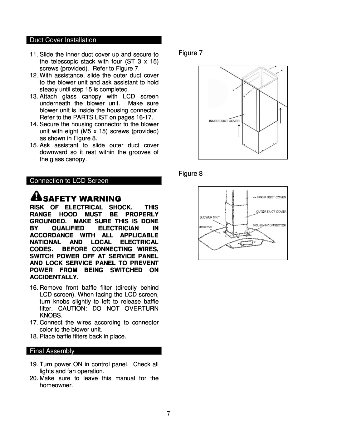 Kobe Range Hoods IS2436GSB, IS2442GSB Duct Cover Installation, Connection to LCD Screen, Final Assembly, Safety Warning 