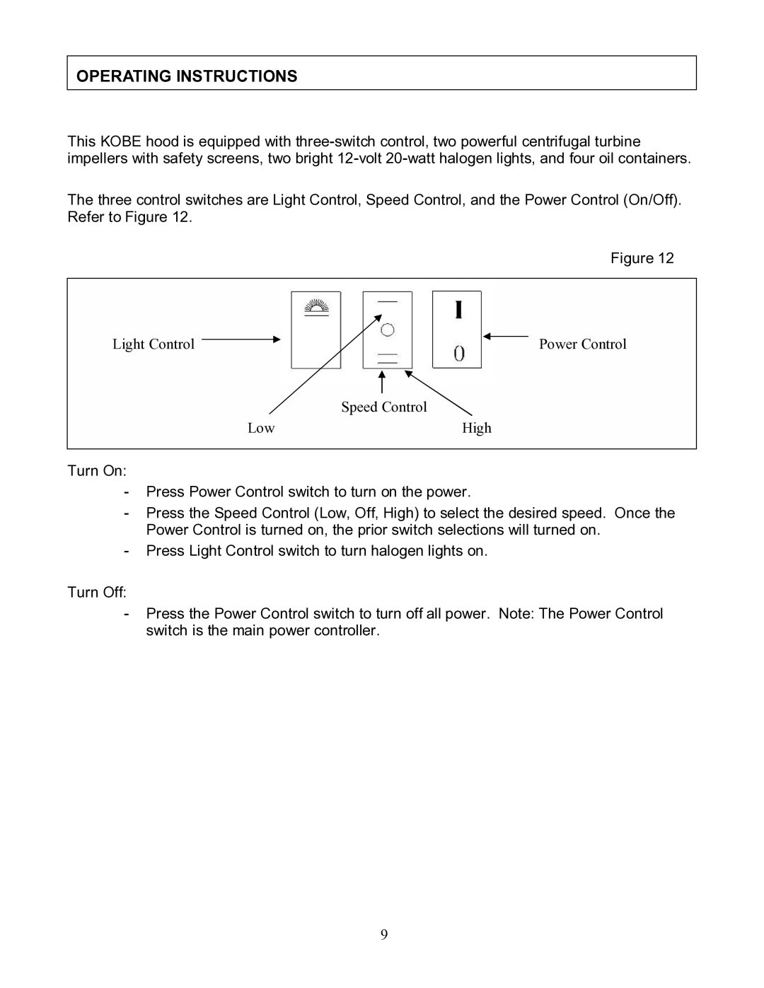 Kobe Range Hoods RA9236S, RA-092 SERIES manual Operating Instructions 