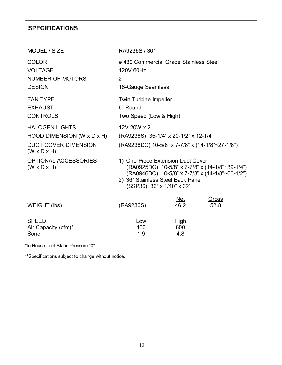 Kobe Range Hoods RA-092 SERIES, RA9236S manual Specifications 