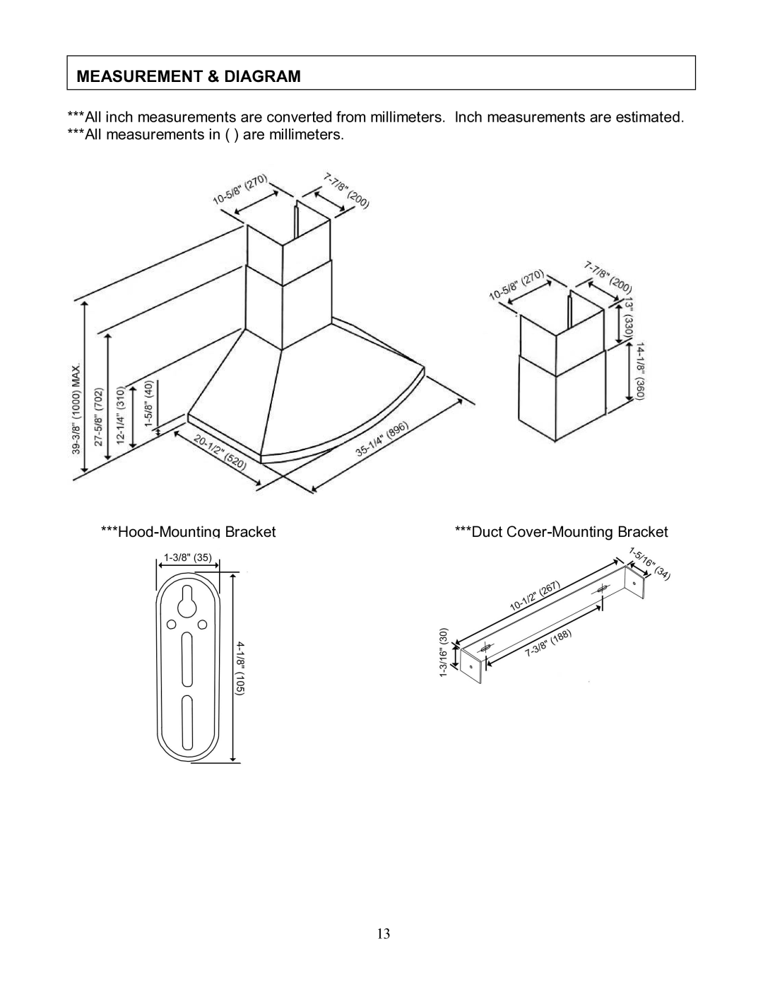 Kobe Range Hoods RA9236S, RA-092 SERIES Measurement & Diagram, All measurements in are millimeters Hood-Mounting Bracket 