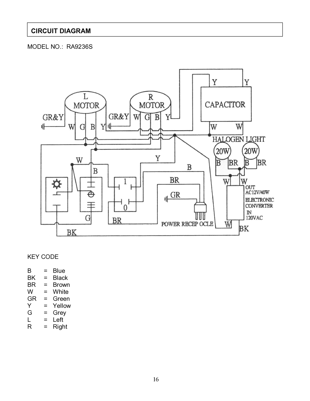 Kobe Range Hoods RA-092 SERIES manual Circuit Diagram, Model NO. RA9236S KEY Code, = Blue BK = Black 