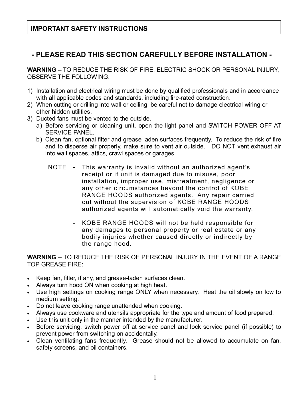 Kobe Range Hoods RA9236S manual Please Read this Section Carefully Before Installation, Important Safety Instructions 