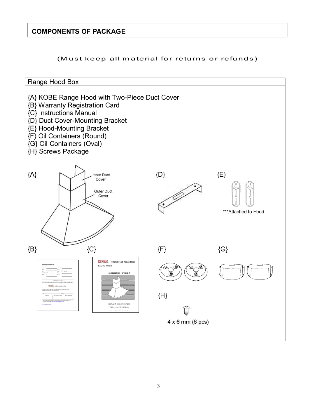 Kobe Range Hoods RA9236S, RA-092 SERIES manual Components of Package 