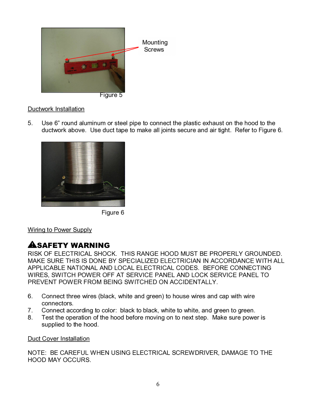 Kobe Range Hoods RA-092 SERIES, RA9236S manual Mounting Screws Ductwork Installation, Wiring to Power Supply 