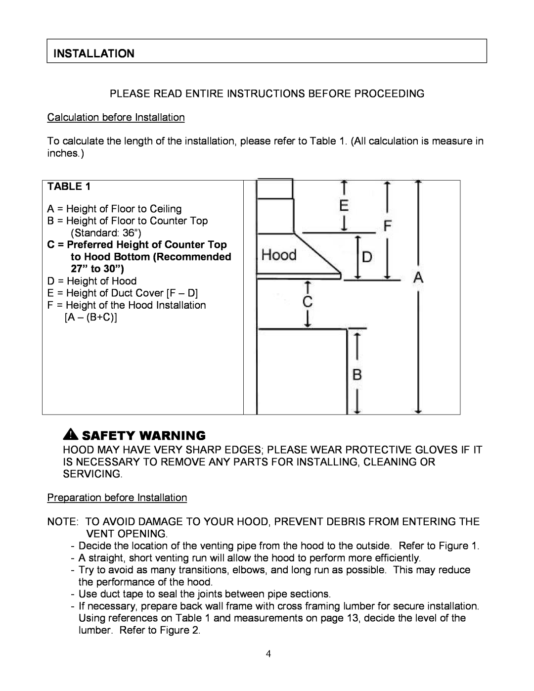 Kobe Range Hoods RA-092 SERIES, RA9236S manual Safety Warning, Installation 
