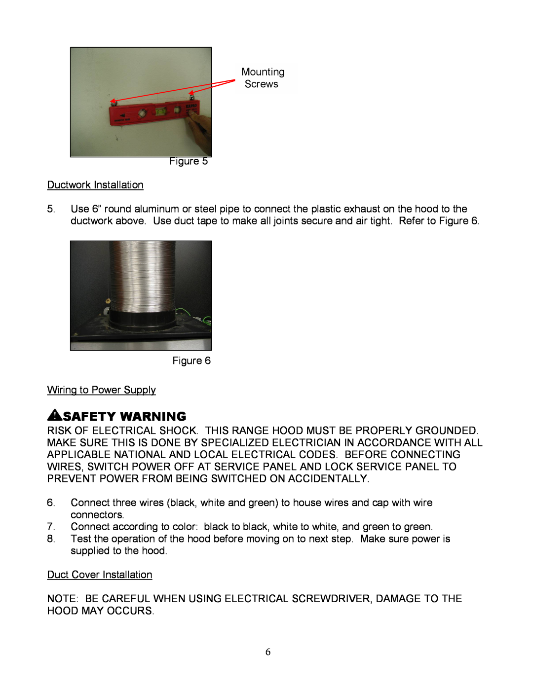 Kobe Range Hoods RA-092 SERIES, RA9236S manual Safety Warning, Mounting Screws 