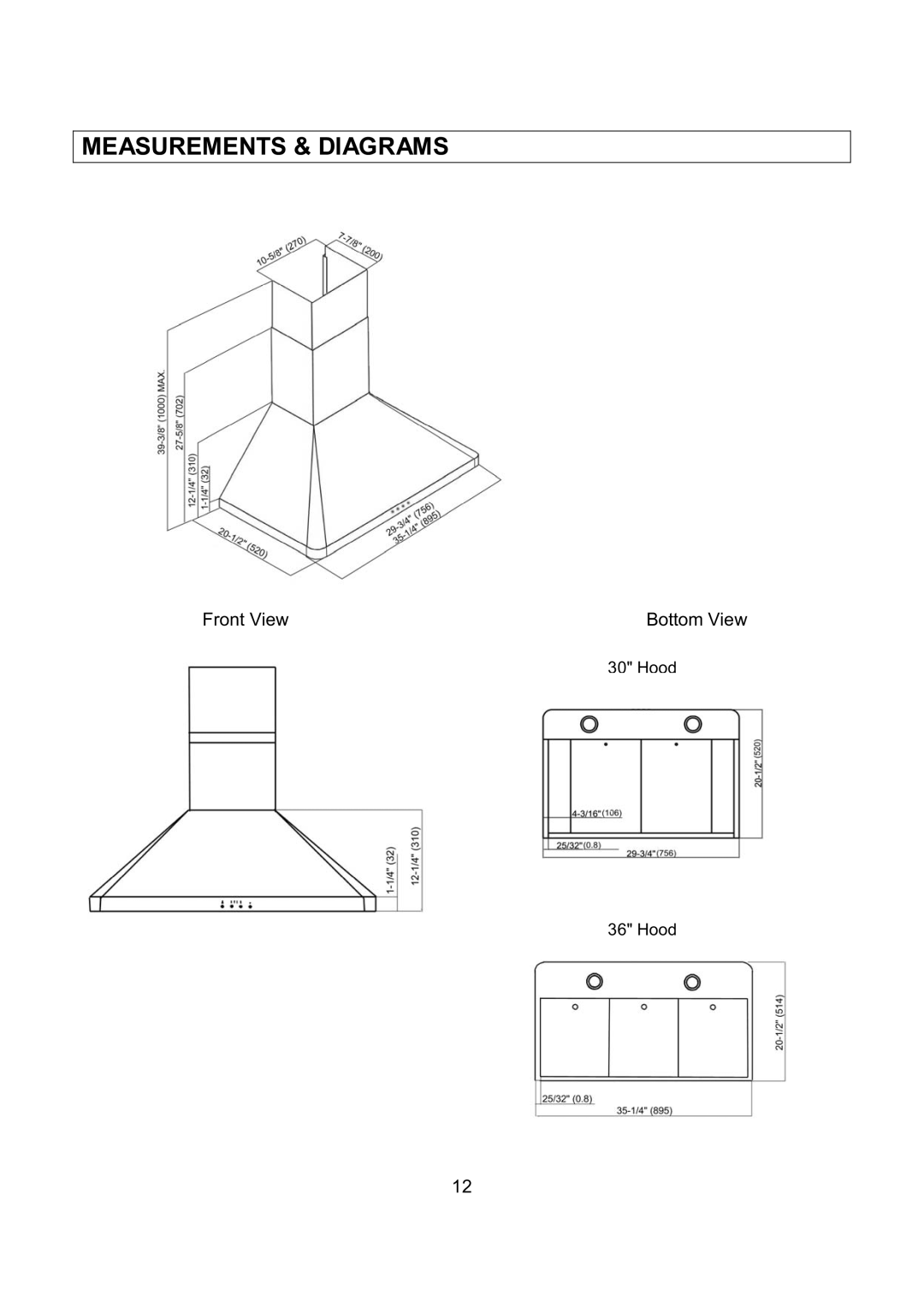 Kobe Range Hoods RA9436SQB, RA-094 SERIES, RA9430SQB installation instructions Measurements & Diagrams 