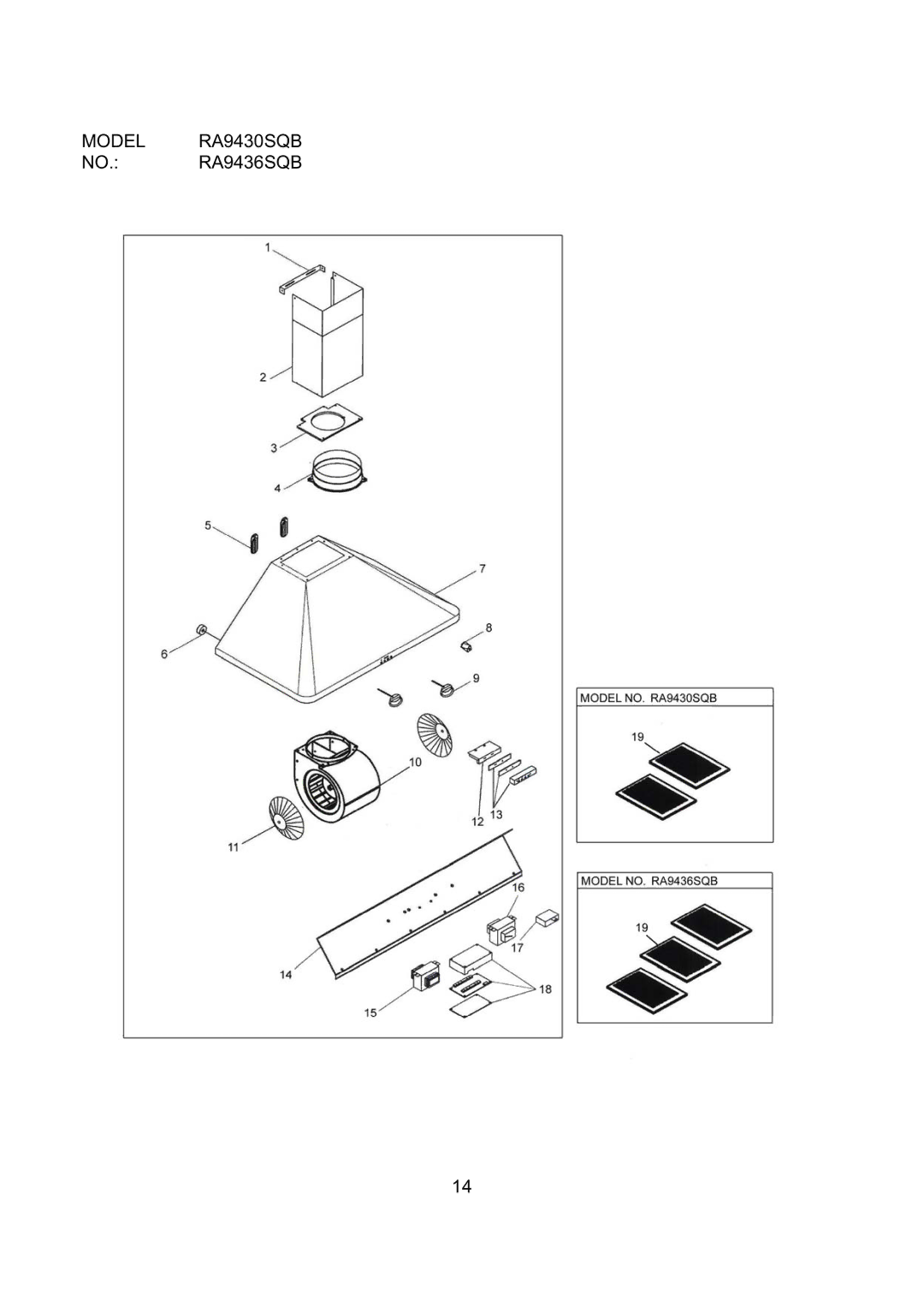 Kobe Range Hoods RA-094 SERIES, RA9436SQB installation instructions Model RA9430SQB 