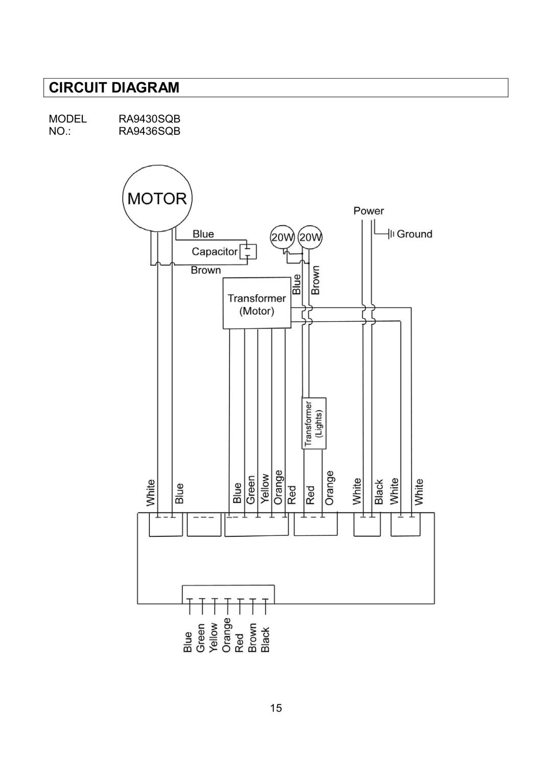 Kobe Range Hoods RA9436SQB, RA-094 SERIES, RA9430SQB installation instructions Circuit Diagram 