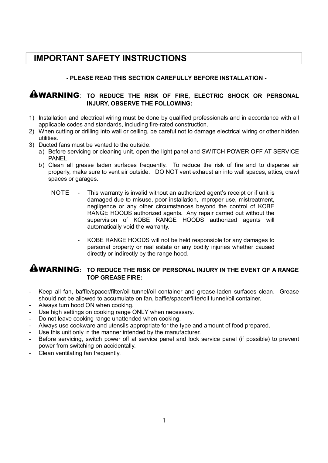 Kobe Range Hoods RA-094 SERIES, RA9430SQB, RA9436SQB installation instructions Important Safety Instructions, TOP Grease Fire 