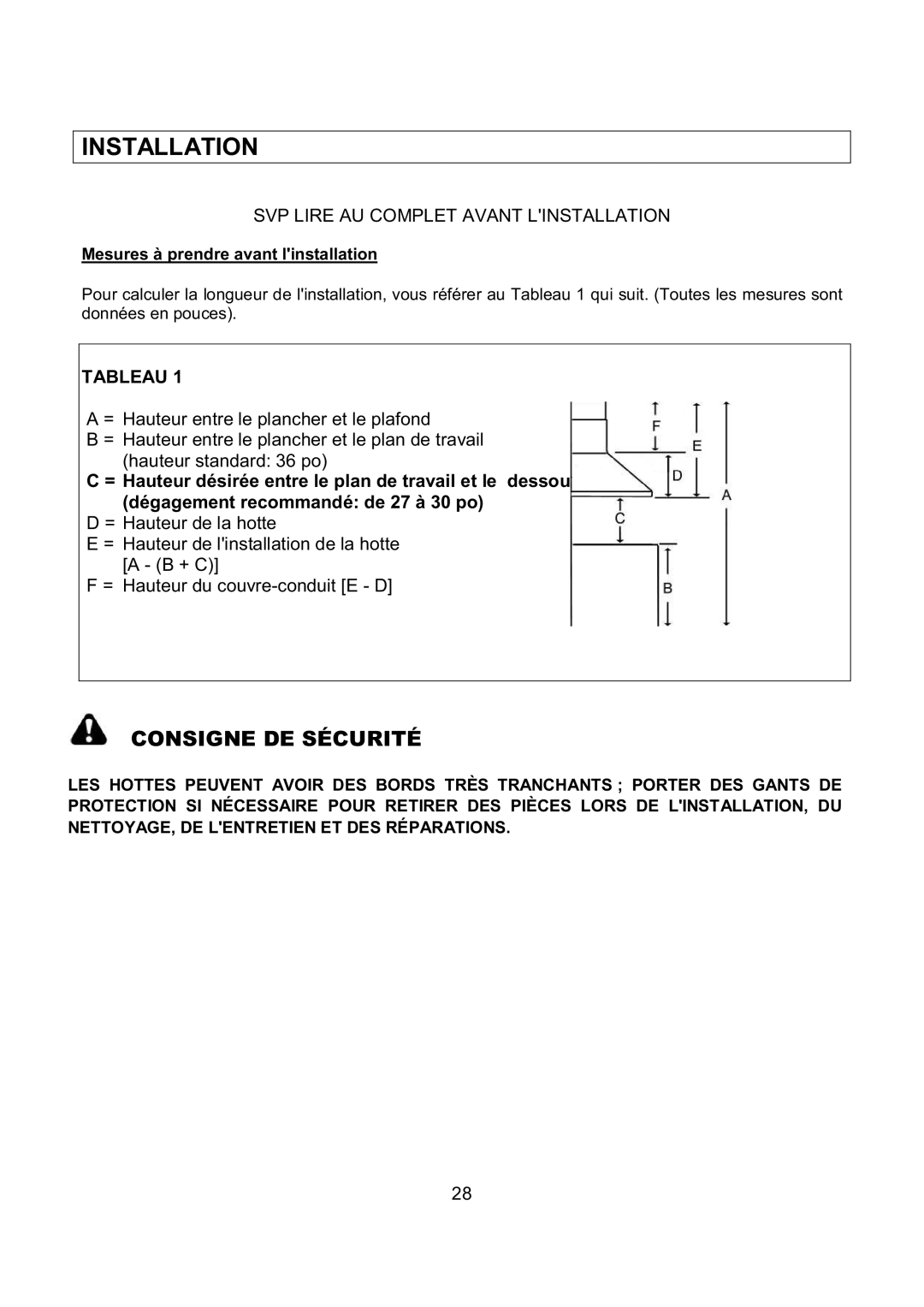 Kobe Range Hoods RA-094 SERIES SVP Lire AU Complet Avant Linstallation, Tableau, Mesures à prendre avant linstallation 