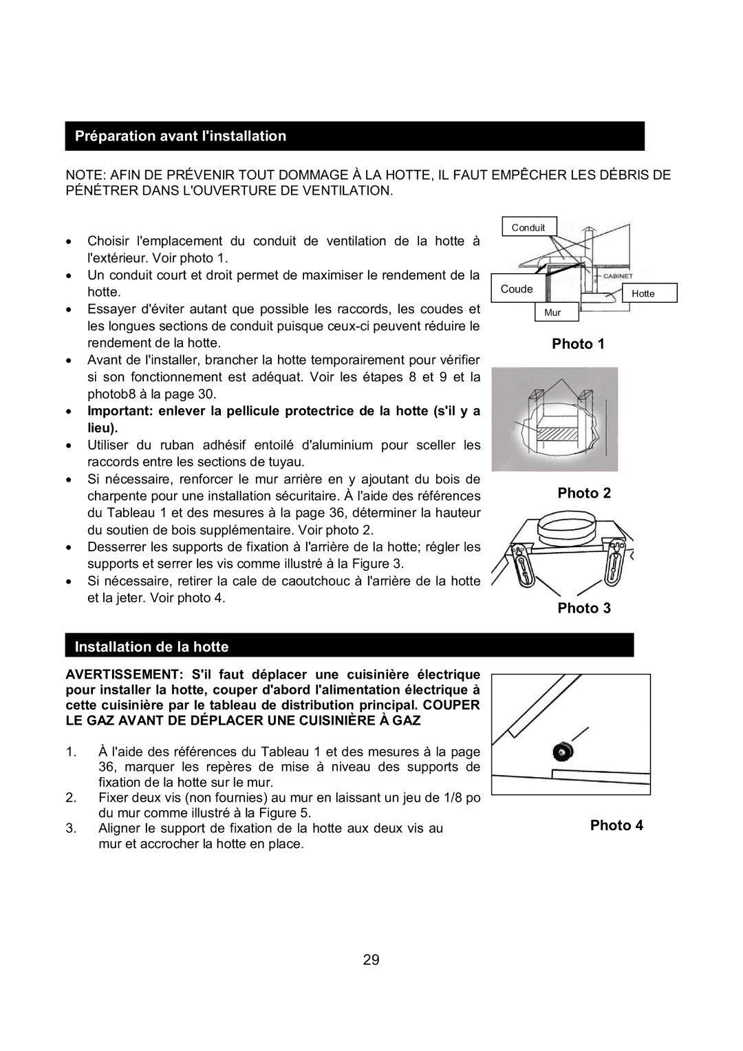 Kobe Range Hoods RA9430SQB, RA-094 SERIES, RA9436SQB installation instructions Préparation avant linstallation 