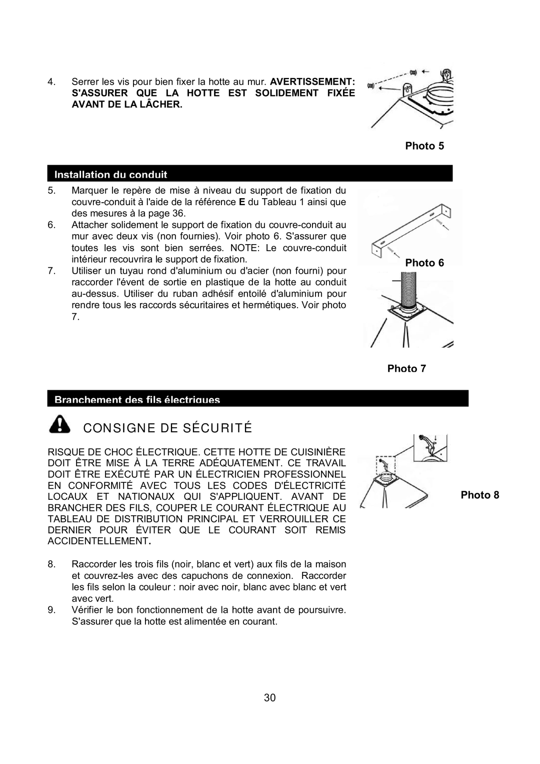 Kobe Range Hoods RA9436SQB, RA-094 SERIES, RA9430SQB installation instructions Branchement des fils électriques 