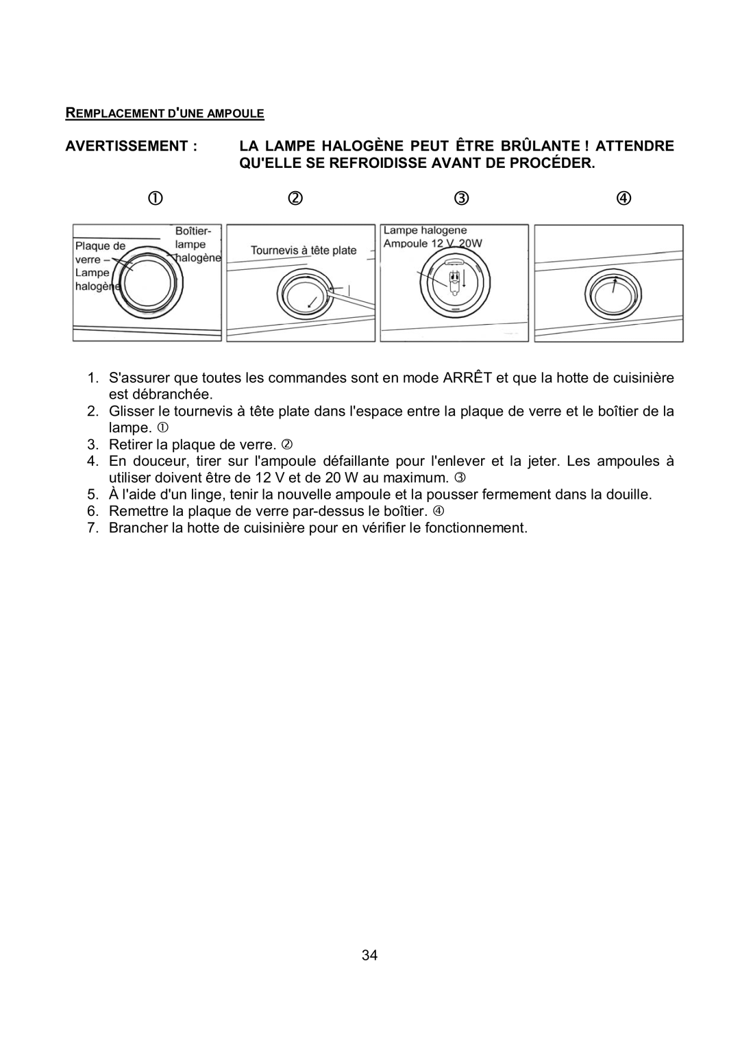 Kobe Range Hoods RA-094 SERIES, RA9430SQB, RA9436SQB installation instructions Remplacement Dune Ampoule 