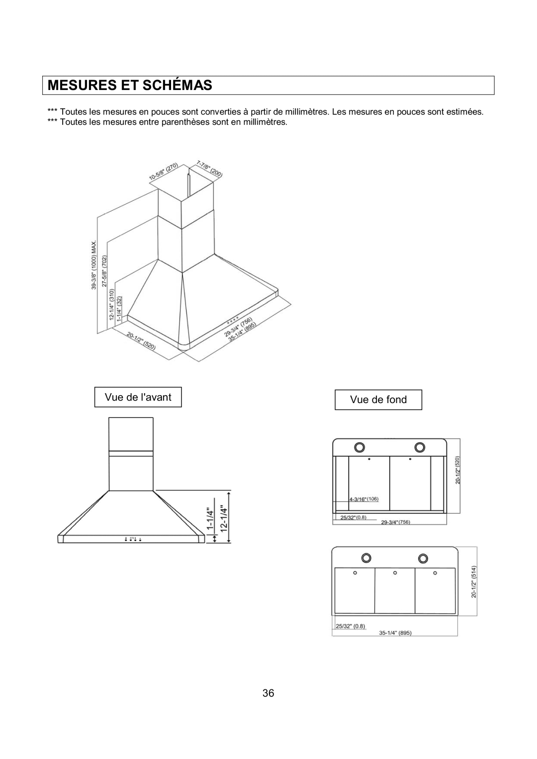 Kobe Range Hoods RA9436SQB, RA-094 SERIES, RA9430SQB installation instructions Mesures ET Schémas 