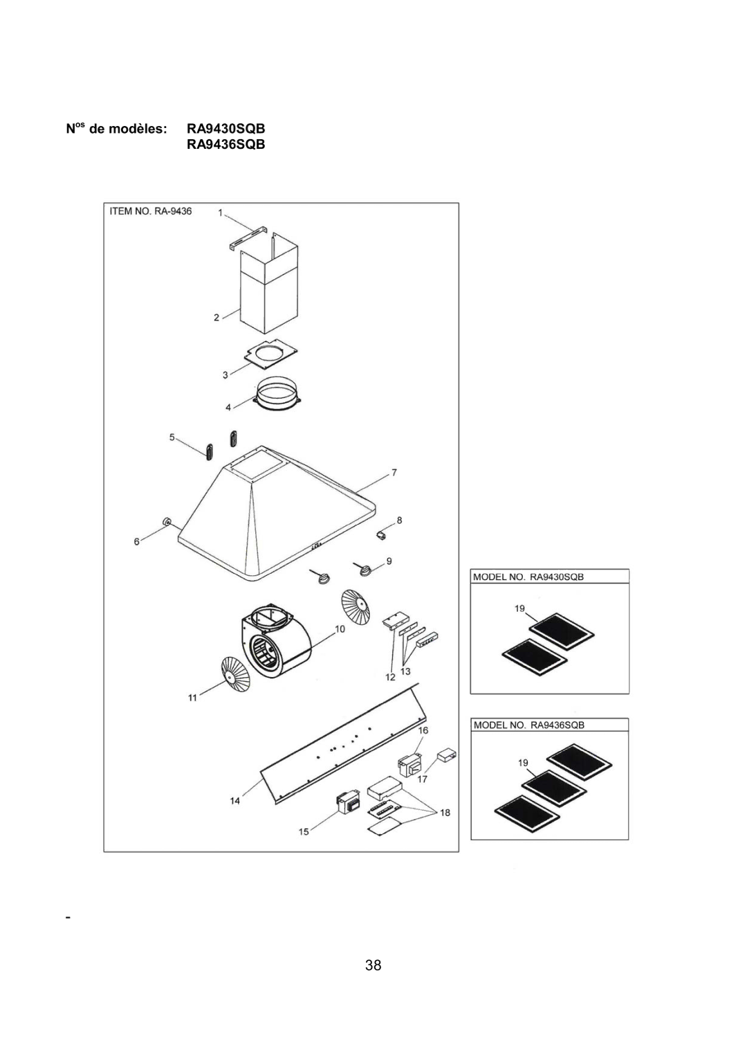 Kobe Range Hoods RA-094 SERIES installation instructions Nos de modèles RA9430SQB RA9436SQB 