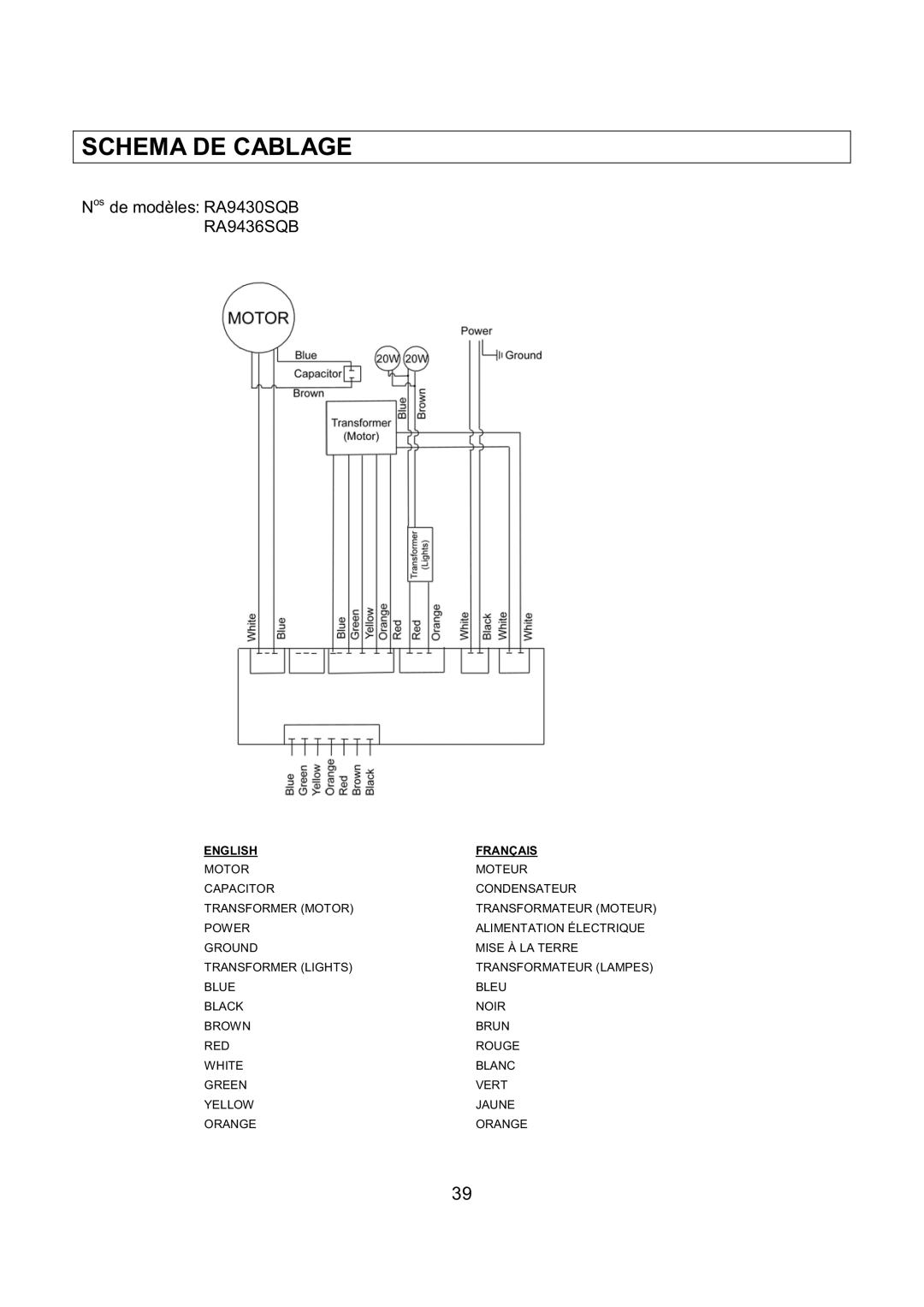 Kobe Range Hoods RA9436SQB, RA-094 SERIES, RA9430SQB installation instructions Schema DE Cablage 