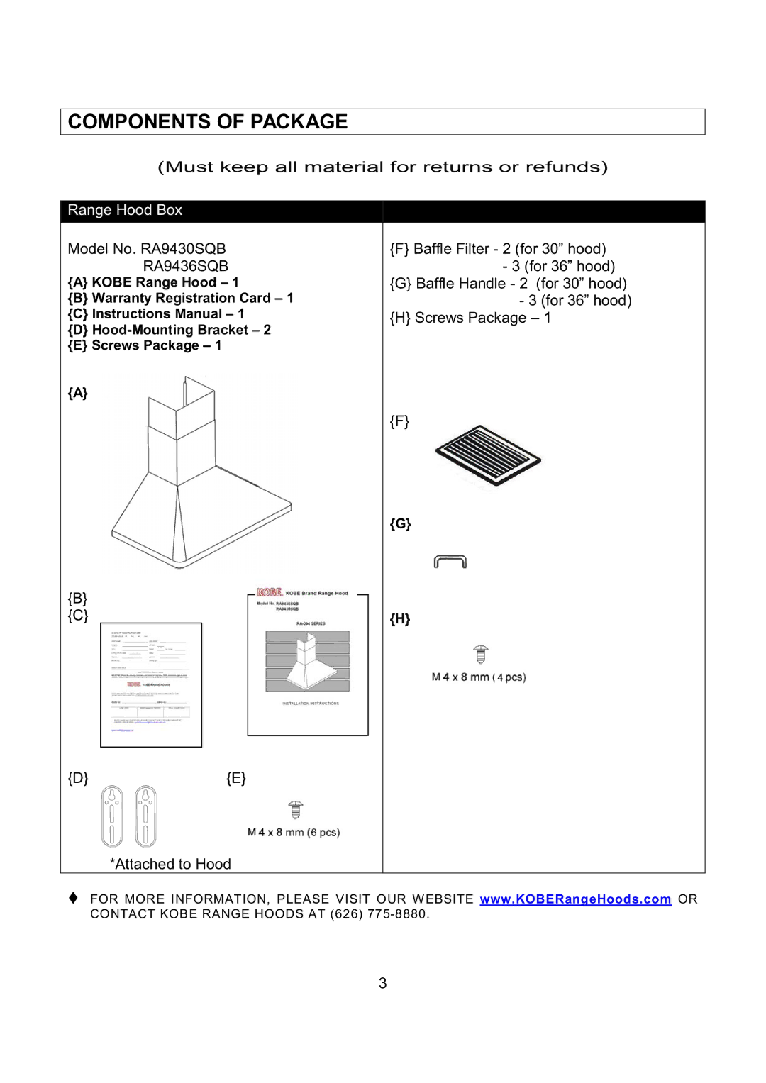 Kobe Range Hoods RA9436SQB, RA-094 SERIES, RA9430SQB installation instructions Components of Package 