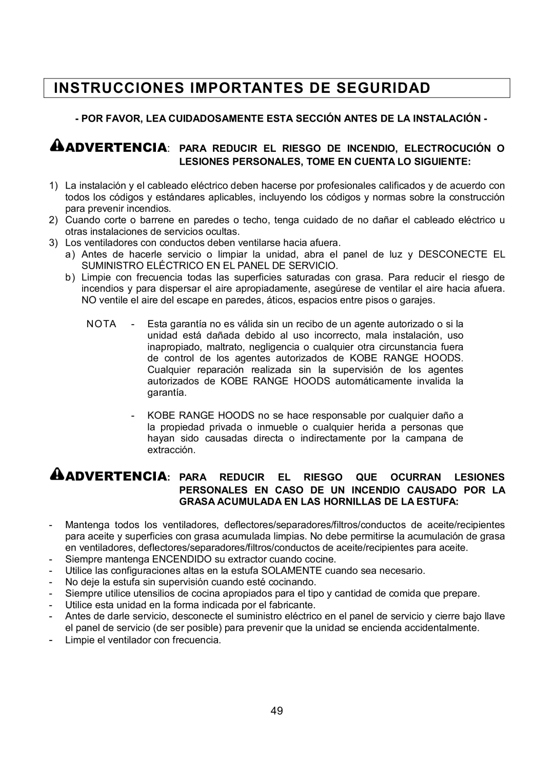 Kobe Range Hoods RA-094 SERIES, RA9430SQB, RA9436SQB installation instructions Instrucciones Importantes DE Seguridad 