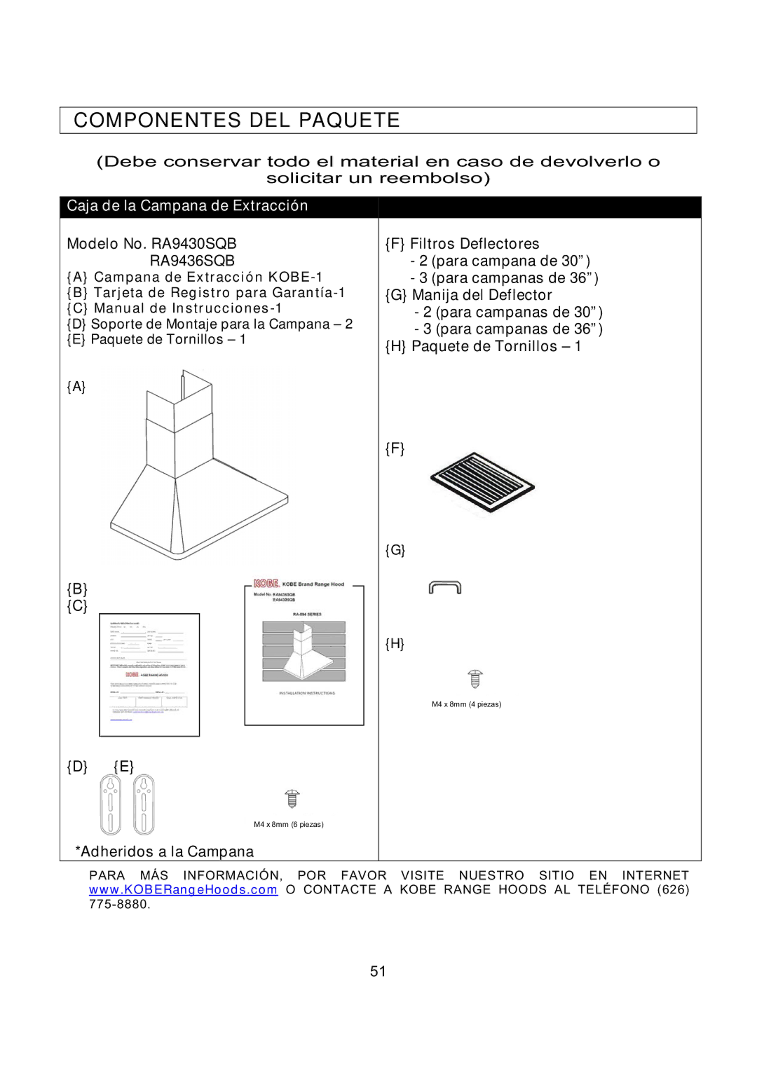 Kobe Range Hoods RA9436SQB, RA-094 SERIES, RA9430SQB installation instructions Componentes DEL Paquete 